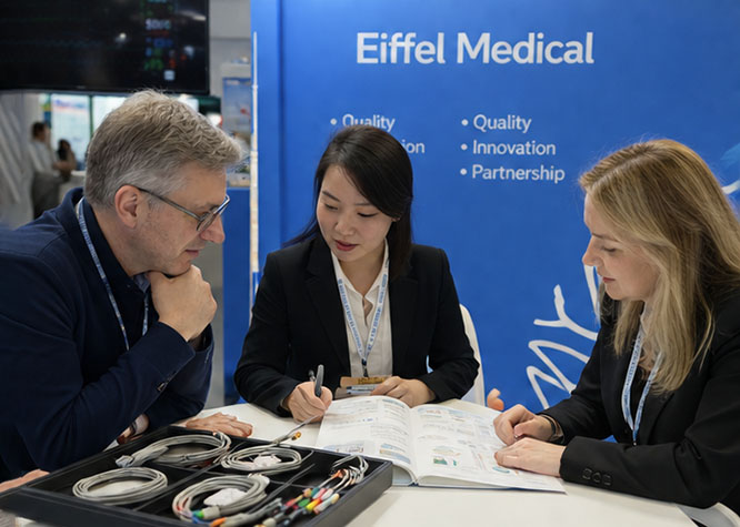 Eiffel Medical discussing medical device solutions with international customers at a trade show.jpg